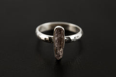 Polished sterling silver Vera Cruz Amethyst ring on black background, showing hammered band and upright lavender quartz crystal.