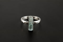Aquamarine Crystal Ring: Hammered Sterling Silver Band, Size 8
