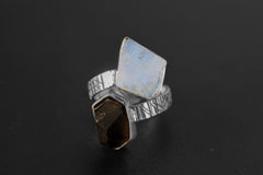 Sterling Silver Double Stone Ring: Moonstone, Smoky Quartz, Adjustable Band