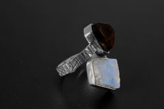 Sterling Silver Double Stone Ring: Moonstone, Smoky Quartz, Adjustable Band