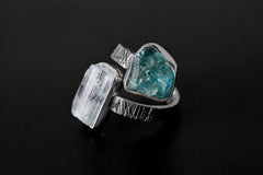 Aquamarine Apatite Sterling Silver Ring: Adjustable Dual Stone Band