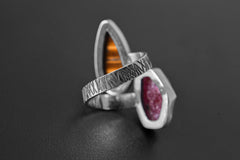 Double Stone Ring Tiger Eye Ruby Ring 925 Sterling Silver Adjustable Oxidized Band Solar Plexus Root Heart Chakra Gift
