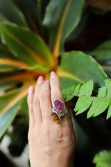 Double Stone Ring: Raw Ruby, Tiger's Eye, Sterling Silver Adjustable Band
