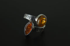 Red and Ethiopian Kyanite dual-stone ring on a dark background, showing open adjustable band and contrasting gemstones.