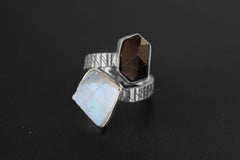Sterling Silver Double Stone Ring: Moonstone, Smoky Quartz, Adjustable Band