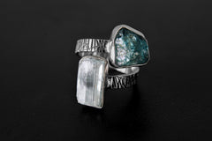 Aquamarine Apatite Sterling Silver Ring: Adjustable Dual Stone Band