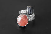 Dravite Tourmaline Sunstone adjustable ring in 925 sterling silver with oxidized texture and dual-stone open band.