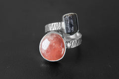 Dravite Tourmaline Sunstone adjustable ring in 925 sterling silver with oxidized texture and dual-stone open band.