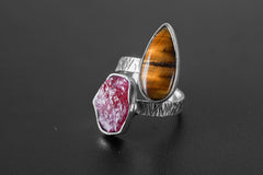 Double Stone Ring: Raw Ruby, Tiger's Eye, Sterling Silver Adjustable Band