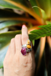 Tiger Eye Raw Ruby adjustable ring shown worn on the hand, with high-shine 925 sterling silver and oxidized texture.