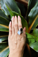 Sterling Silver Double Stone Ring: Moonstone, Smoky Quartz, Adjustable Band