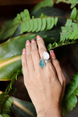 Blue Apatite Drusy Fossil Shell Ring 925 Sterling Silver Adjustable Oxidized Band Throat Root Chakra Gift