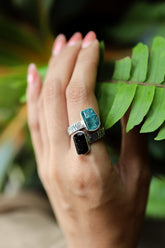 Dt Black Tourmaline & Blue Gem Apatite - 925 Sterling Silver - Double Stone - Textured, High Shine Polish - Adjustable Open Ring Band
