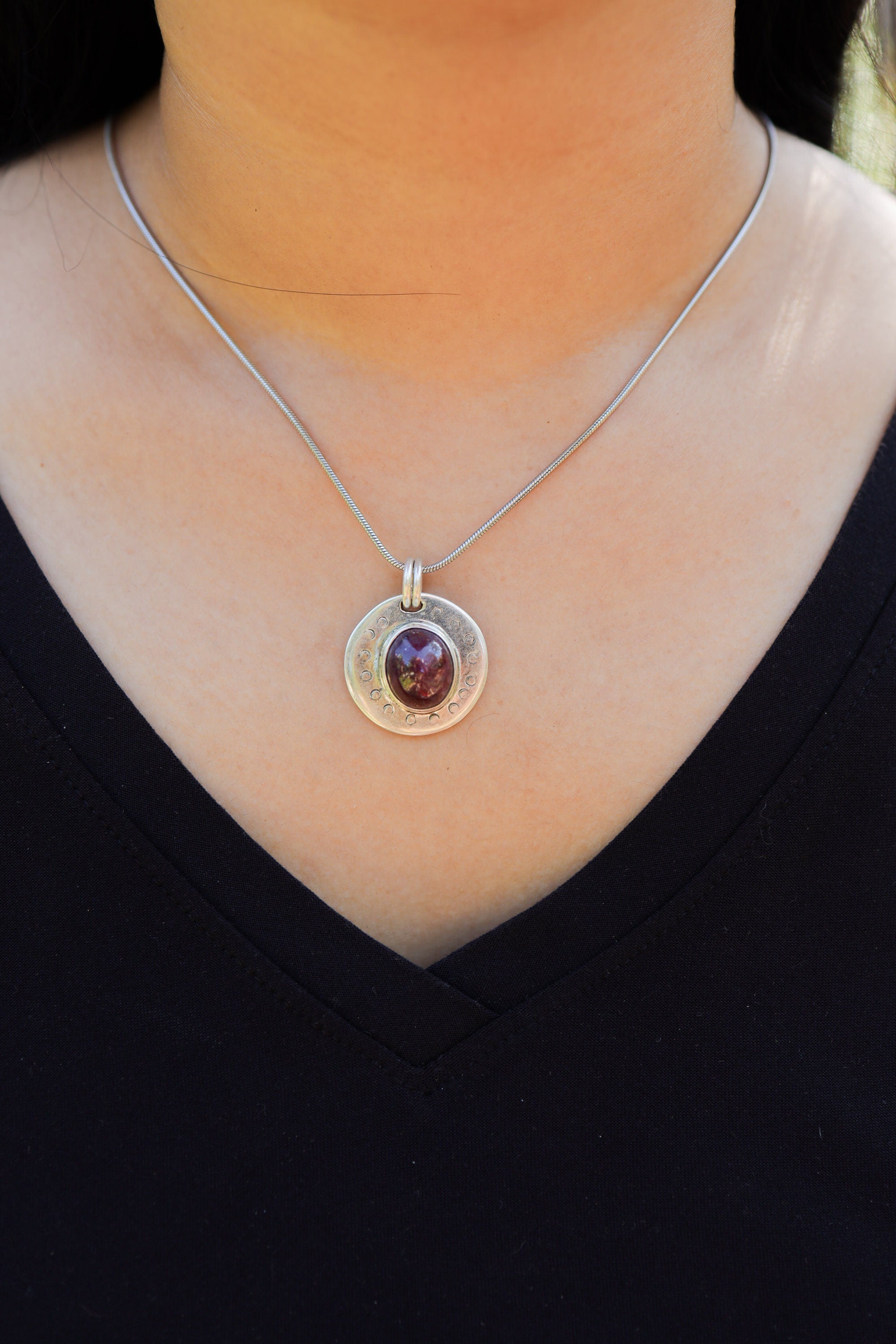 Ruby Cabochon Pendant 925 Sterling Silver Necklace Moon Phase Texture Heart Root Chakra Gemstone Jewelry Gift