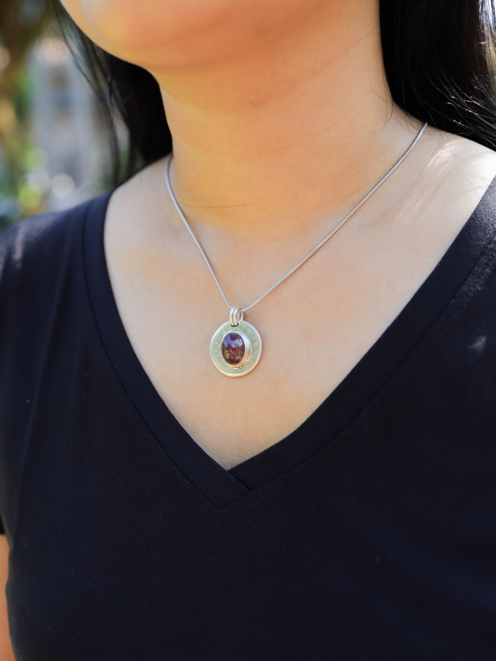Ruby Cabochon Pendant 925 Sterling Silver Necklace Moon Phase Texture Heart Root Chakra Gemstone Jewelry Gift