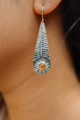 Silver Leaf Agate earrings shown worn on a model, with long polished sterling silver leaves and Orange Agate accents.