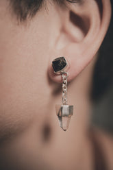 Handmade 925 sterling silver Dravite Tourmaline and Clear Quartz drop earrings shown worn on the ear, with chain crystal dangles.