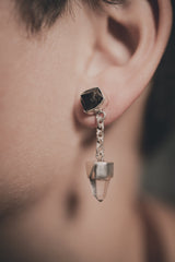Handmade 925 sterling silver Dravite Tourmaline and Clear Quartz drop earrings shown worn on the ear, with chain crystal dangles.