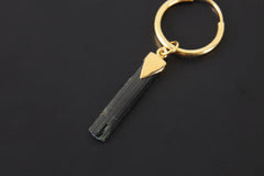 Close-up of Green Tourmaline dangle hoop earring pendant showing gold-plated cap and natural green crystal.