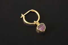 Golden Watermelon Heart earring pendant shown on dark background with polished gold-plated hoop and Tourmaline slice.