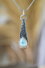 Larimar Teardrop Pendant: Hammered Sterling Silver Necklace, Calming Stone