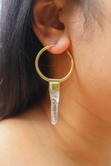 Lemurian Amethyst Point Dangle Hoop Earring: Gold Plated Sterling Silver