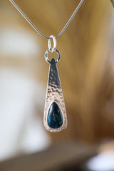 Chrysocolla Teardrop Pendant: Hammered Sterling Silver, Heart Chakra Jewelry