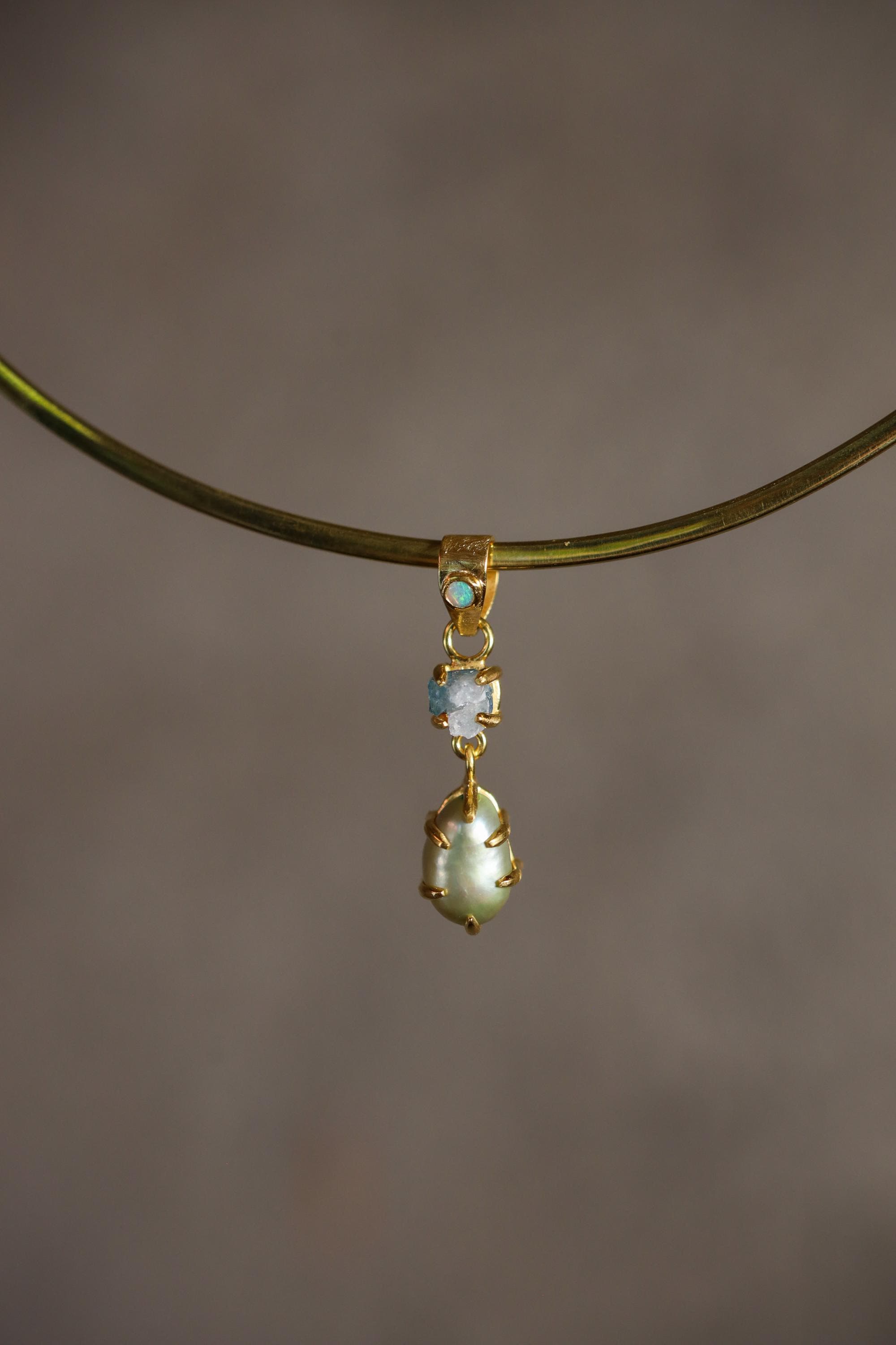 Small Solid Lightning Ridge Opal Pendant with Aqua Aura Quartz & Green Pearl, 18K Gold-Plated Sterling Silver, Pisces Zodiac, Unique Gift