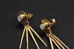 Close-up of Blue Moonstone stud earring showing round gemstone centre, hammer texture, and dangling moon ray spikes.