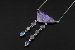 Chlorite Cabochon Pendant: Rose Quartz, Moonstone & Sterling Silver Chakra Necklace