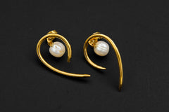 Gold-Plated Sterling Silver Pearl Studs: Curled Horn Design