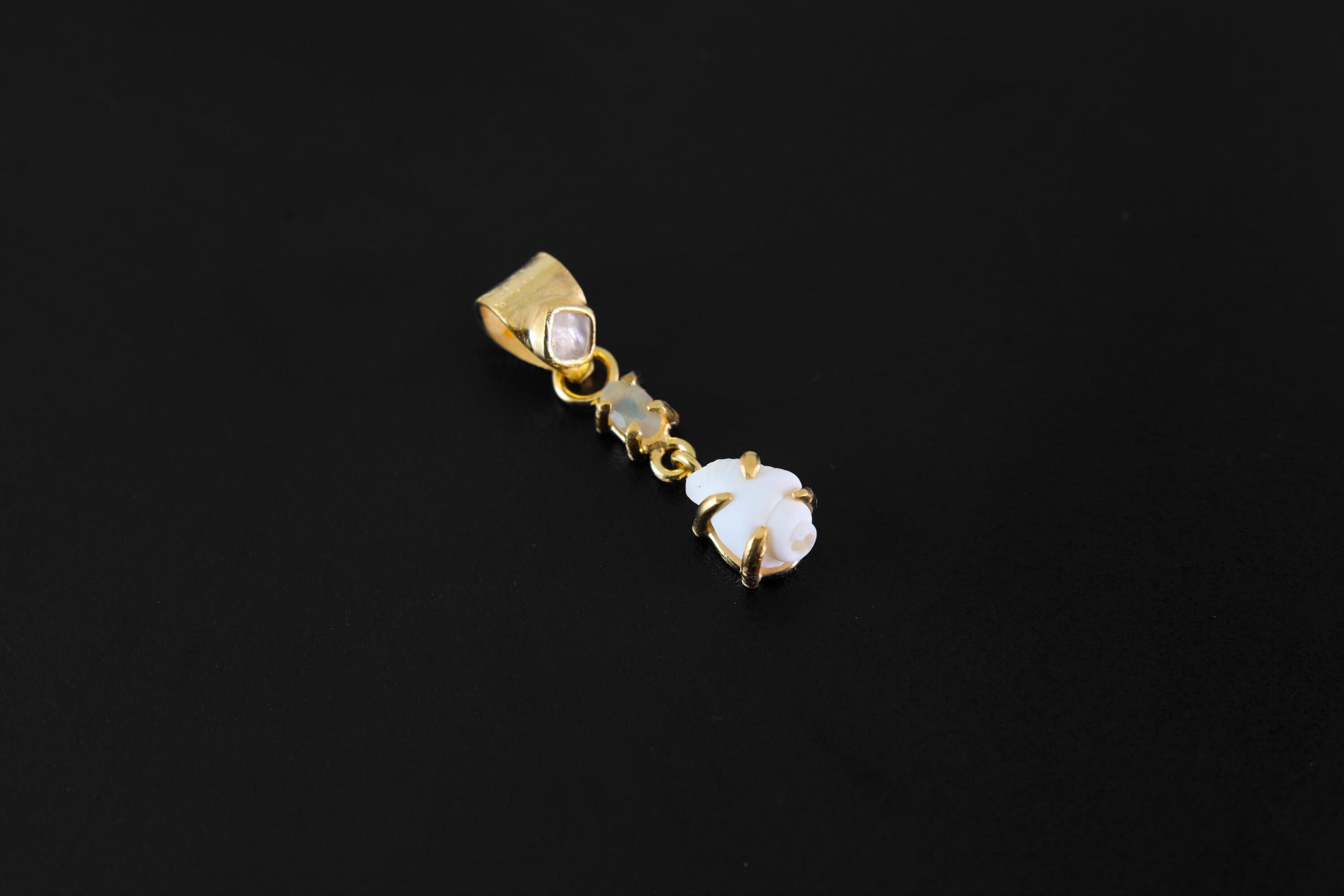 Blue Moonstone & Opal Pendant: 18K Gold-Plated Sterling Silver, Fossilized Shell