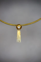 Small Blue Moonstone pendant shown on a gold-toned necklace, with organic gold-plated setting and delicate dangle design.