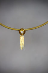Small Blue Moonstone pendant shown on a gold-toned necklace, with organic gold-plated setting and delicate dangle design.