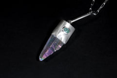 Lemurian Opal Quartz Point Pendant: Sterling Silver Apatite Cabochon, Chakra Jewelry