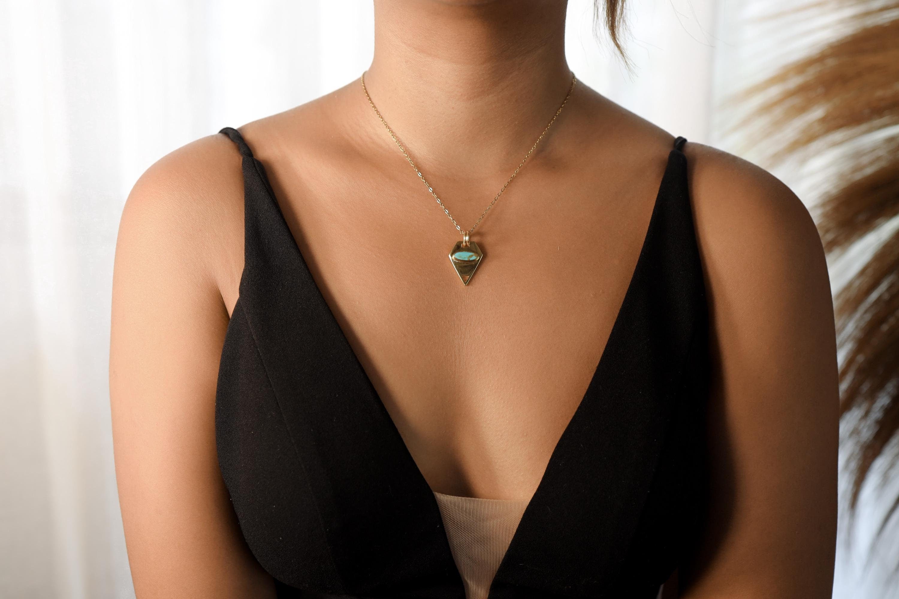 Pentagonal Turquoise Pendant: 18K Gold-Plated Sterling Silver, Throat Chakra