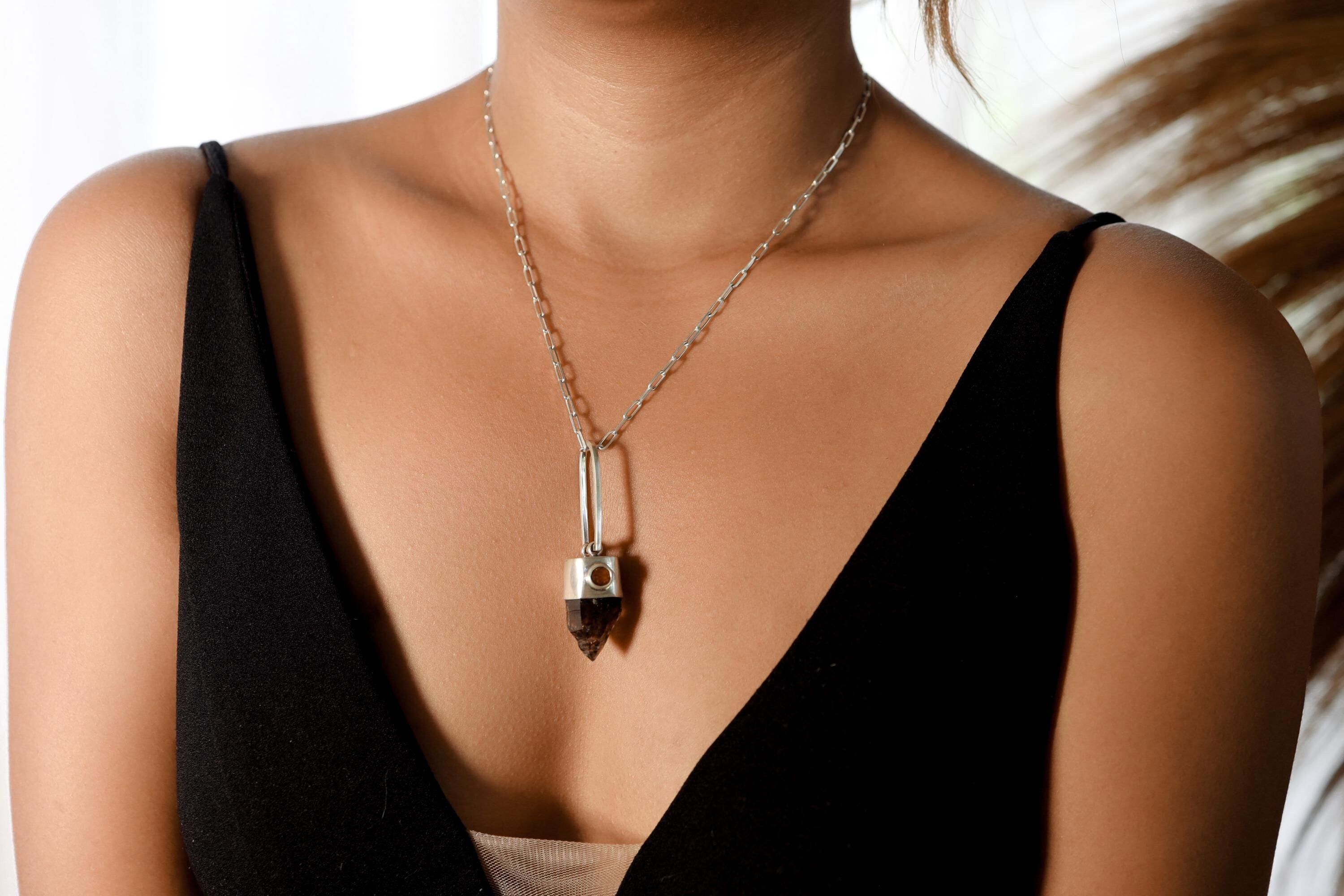 Rare Australian Morella Smoky Quartz Point Pendant with Oval Faceted Red Kyanite Gem, Sterling Silver, Root & Heart Chakra, Unique Gift