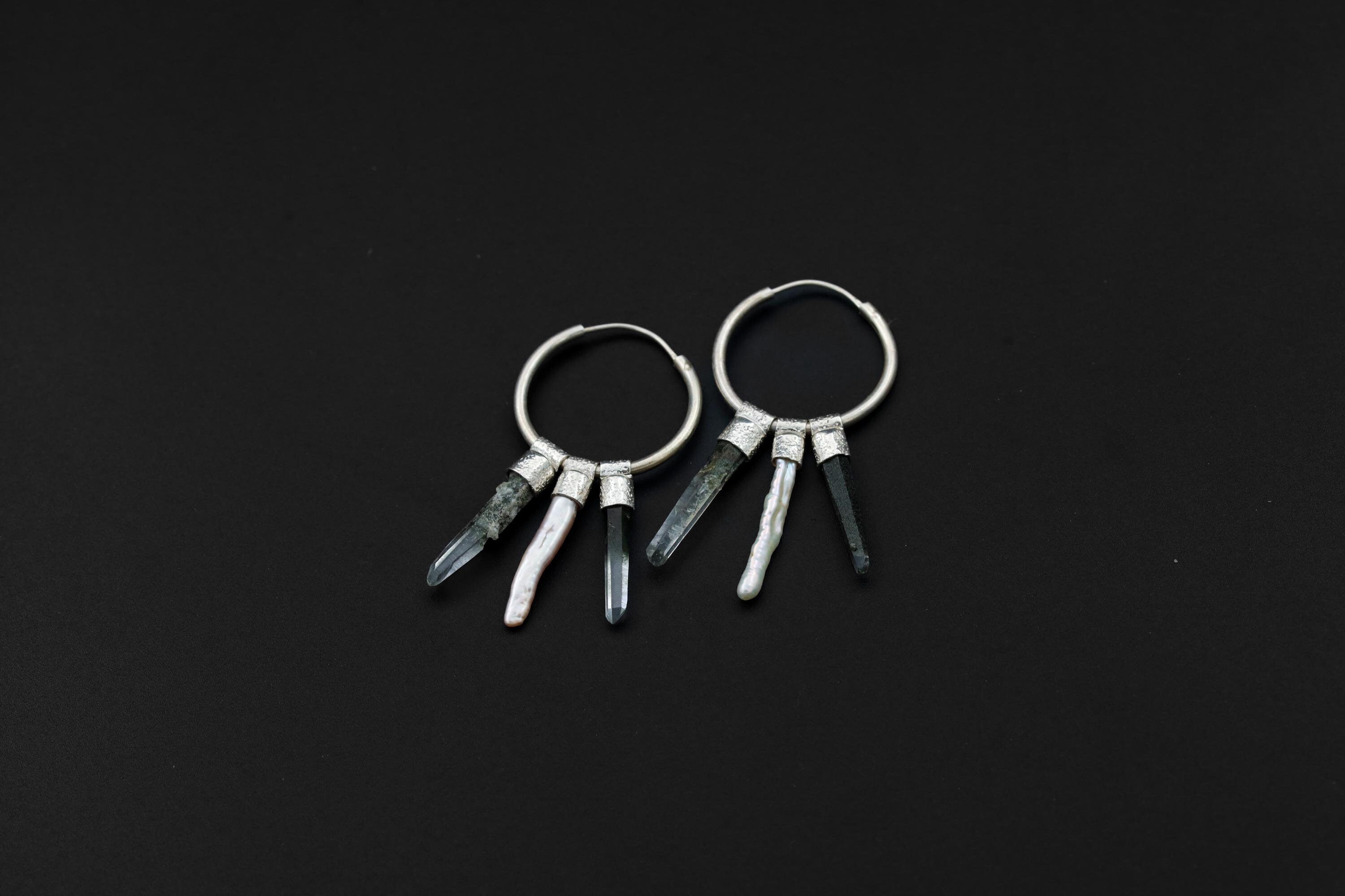 Himalayan Chlorite Quartz Pearl stack hoop earrings shown on dark background with sterling silver hoops and earthy crystal dangles.