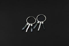 Himalayan Chlorite Quartz Pearl stack hoop earrings shown on dark background with sterling silver hoops and earthy crystal dangles.