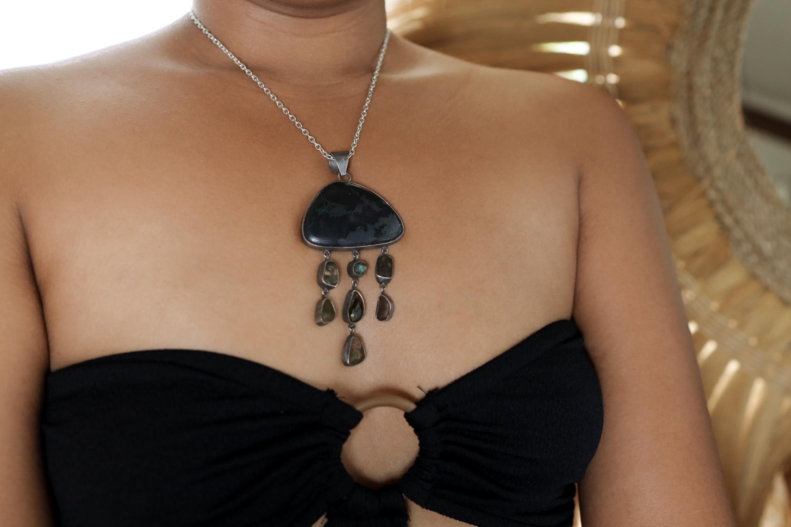 Large Malachite Emerald Peridot pendant worn as an oxidized sterling silver statement necklace.