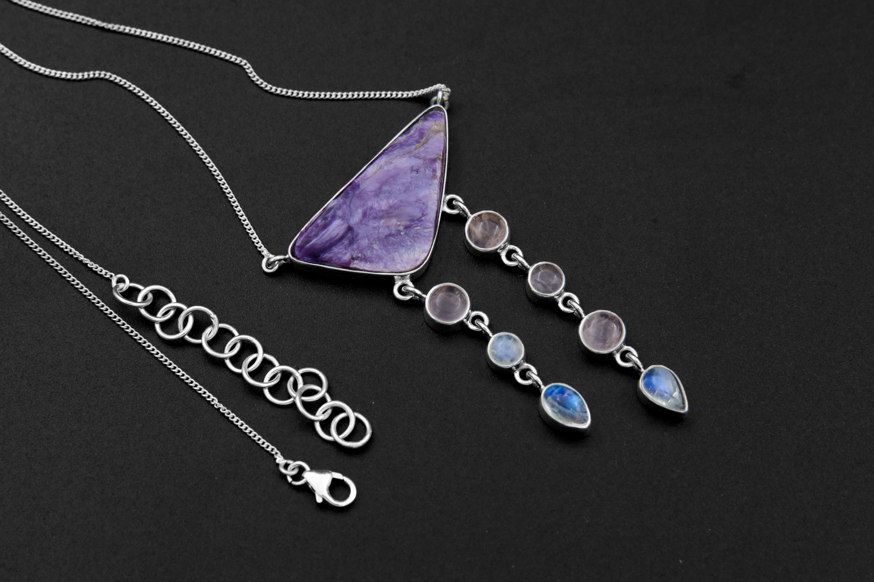 Chlorite Cabochon Pendant: Rose Quartz, Moonstone & Sterling Silver Chakra Necklace