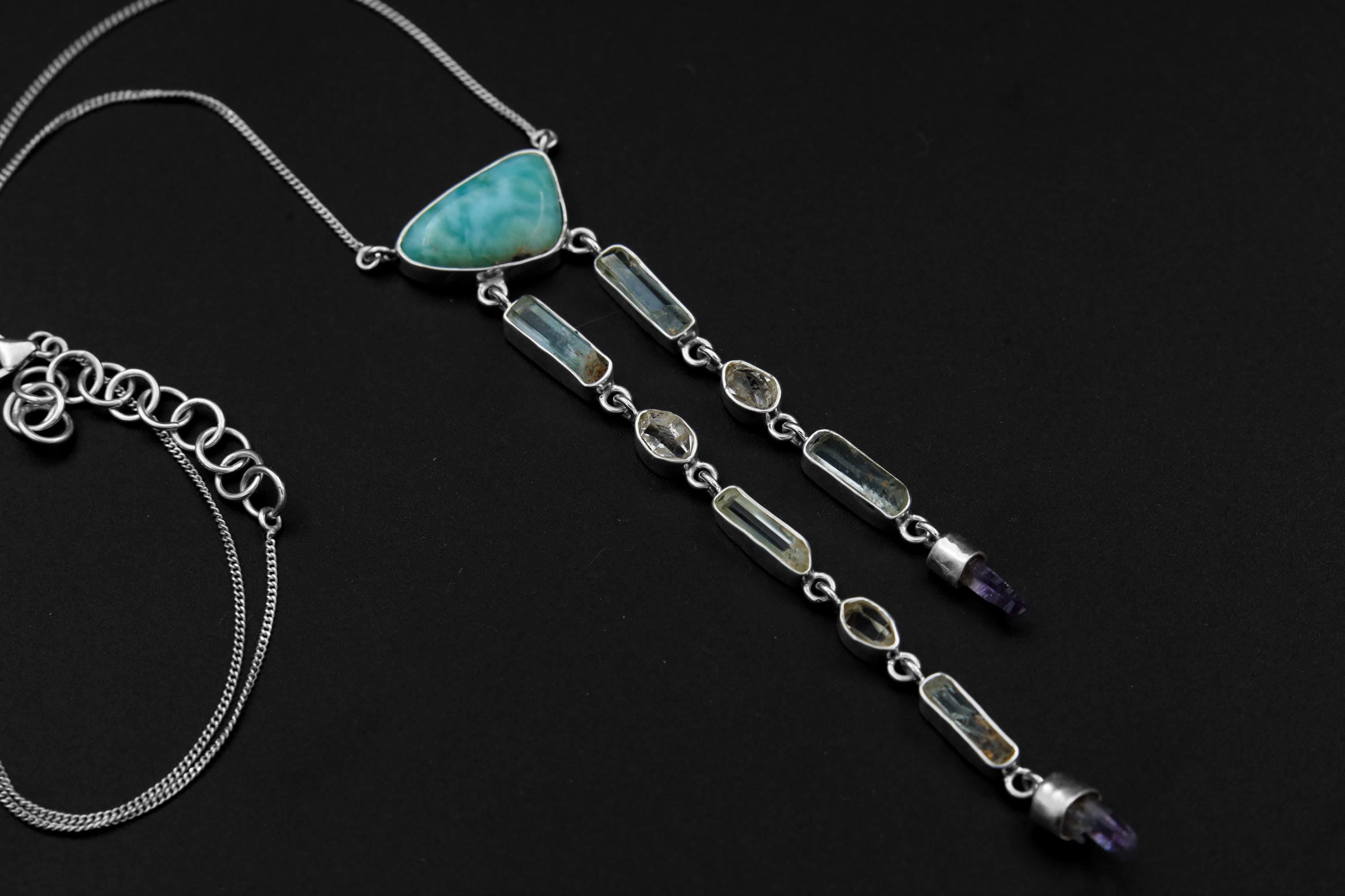 Atlantian Larimar Ocean Talisman shown on a dark background with Larimar, Aquamarine, Herkimer Diamond, Vera Cruz Quartz, and sterling silver chain.