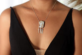 Larimar Aquamarine ocean necklace shown worn on a model, with high-shine 925 sterling silver and three dangling blue Aquamarine sticks.