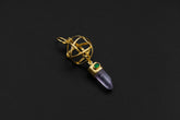 Vera Cruz Amethyst Emerald sphere pendant in 18k gold-plated sterling silver, shown on a dark background with geometric cage frame.