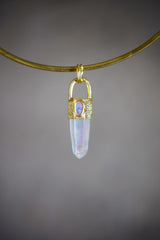 Opal Angel Aura Quartz Pendant: 18K Gold-Plated Sterling Silver, Cosmic Jewelry