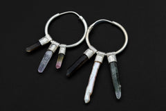 Close-up of Smoky Quartz, Vera Cruz Amethyst, Watermelon Tourmaline, Pearl, and Himalayan Quartz on silver hoop earrings.