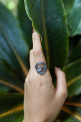 Blue Moonstone Ring 925 Sterling Silver Adjustable Hammered Band Round Cabochon Third Eye Crown Chakra Gift