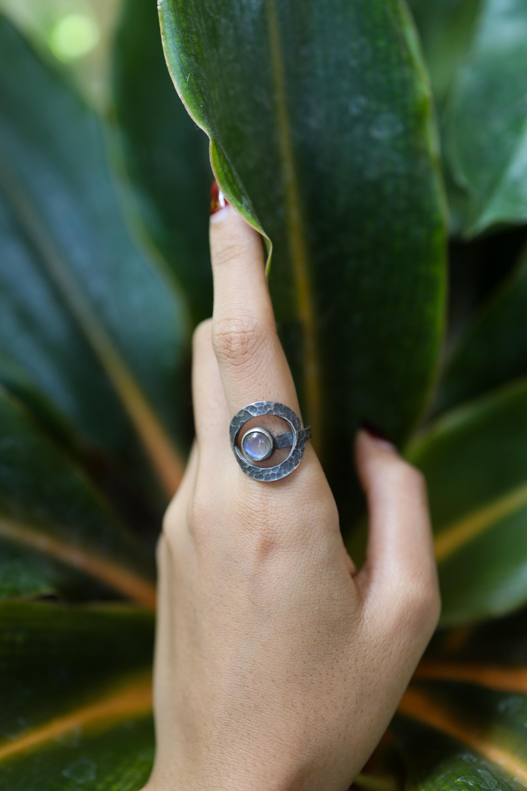 Hammered Sterling Silver Blue Moonstone Ring, Adjustable Boho Jewelry