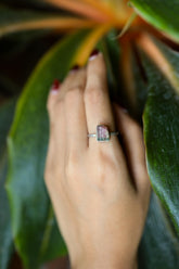Handmade 925 sterling silver Watermelon Tourmaline ring shown worn on the hand, with pink green crystal colour zoning.