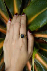 Gold-plated Tourmaline Herkimer Diamond ring shown on a mandrel for size reference, appearing around US size 7 to 7.5.